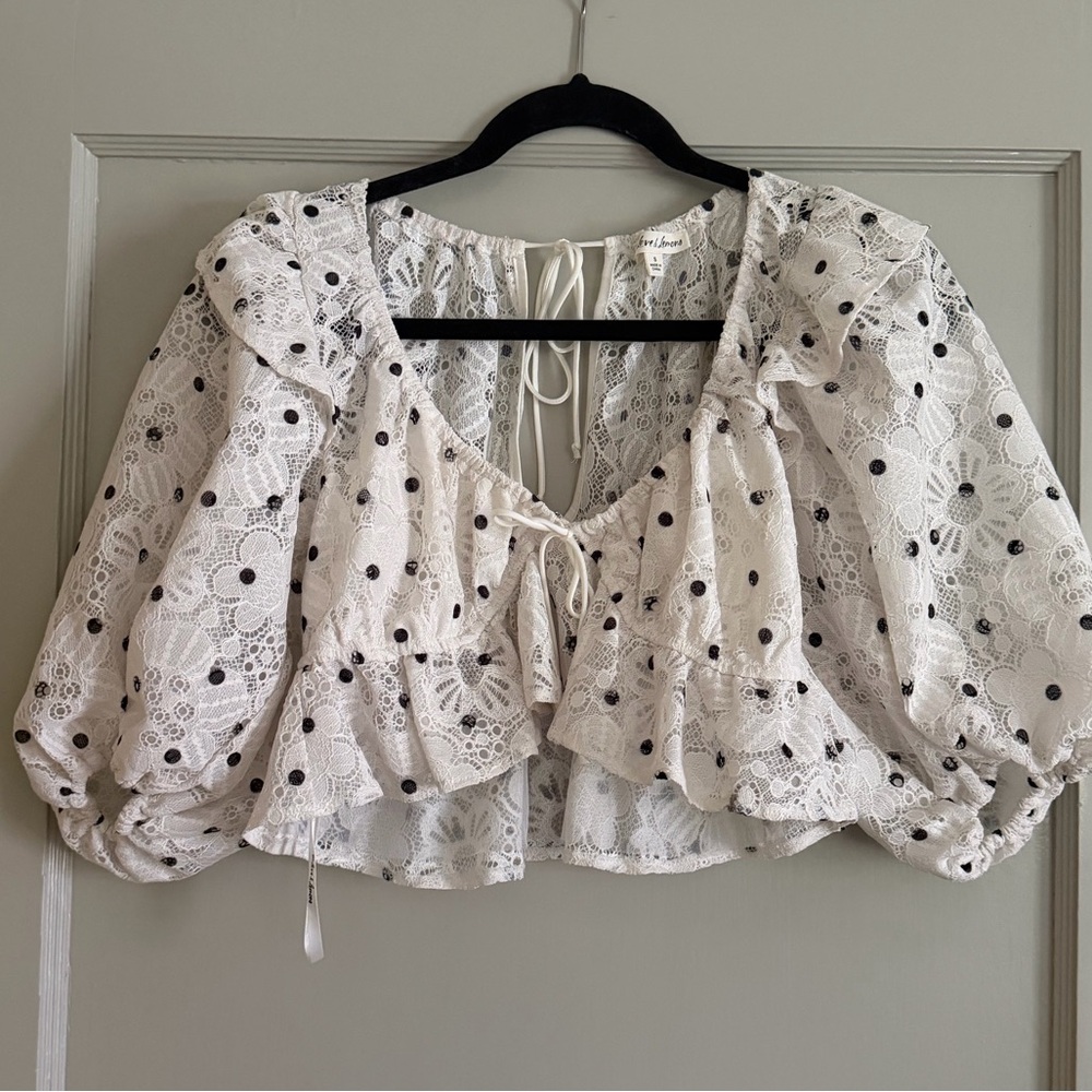 For Love & Lemons Cropped Polka Dot Puff Sleeve Top
